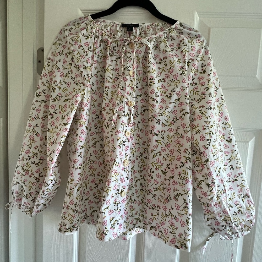 J Crew Floral Button-Front Peasant Blouse - White with Pink & Green